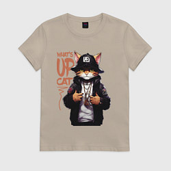 Футболка хлопковая женская Кот рэпер - rapper cat, цвет: миндальный