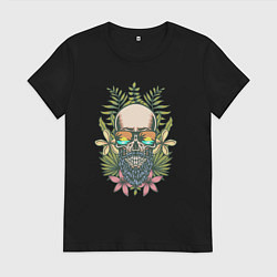 Женская футболка Бородатый череп хипстер в цветах