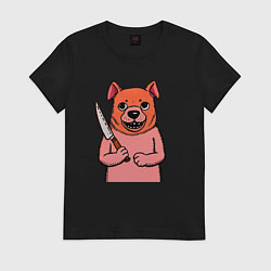 Футболка хлопковая женская Бульдог с красной мордой и ножом, цвет: черный