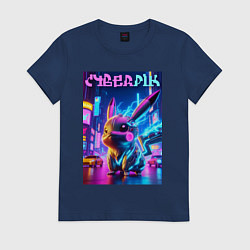 Футболка хлопковая женская Кибер Пикачу - неоновое свечение, цвет: тёмно-синий