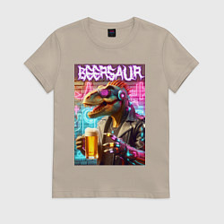 Футболка хлопковая женская Кибер пивозавр на фоне стены с граффити - нейроарт, цвет: миндальный