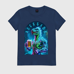Футболка хлопковая женская Neon beersaur - ai art fantasy, цвет: тёмно-синий