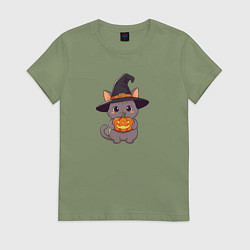 Женская футболка Кот в шляпе ведьмы с тыквой