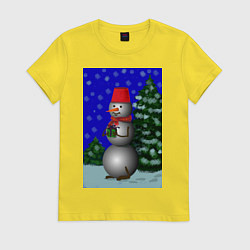 Футболка хлопковая женская Снеговичок с подарком под елкой, цвет: желтый