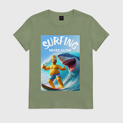 Женская футболка Homer Simpson and shark - surfing never alone