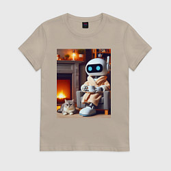 Футболка хлопковая женская Робот у камина с котом и чашкой кофе - нейроарт, цвет: миндальный