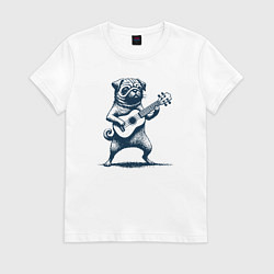 Футболка хлопковая женская Мопс с гитарой укулеле, цвет: белый