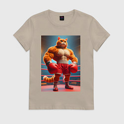 Футболка хлопковая женская Рыжий котяра профессиональный боксёр - нейроарт, цвет: миндальный