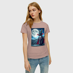 Футболка хлопковая женская Чёрный кот вампир - хэллоуин, цвет: пыльно-розовый — фото 2