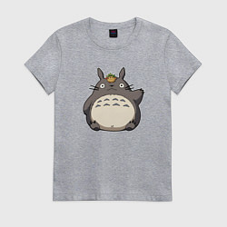 Футболка хлопковая женская Тоторо машет лапкой, цвет: меланж