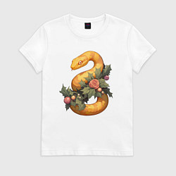 Футболка хлопковая женская Жёлтая змея в листьях, цвет: белый