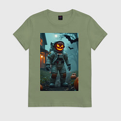Футболка хлопковая женская Тыква Джек космонавт, цвет: авокадо