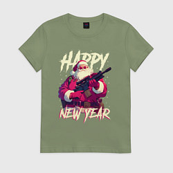 Футболка хлопковая женская Happy New Year Santa Claus with weapon, цвет: авокадо