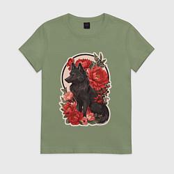 Женская футболка Чёрный волк и красные цветы