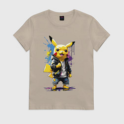 Футболка хлопковая женская Cool Pikachu - watercolor sketch, цвет: миндальный