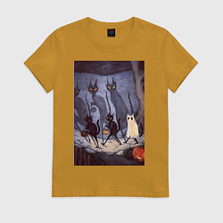 Футболка хлопковая женская Коты на хэллоуин, цвет: горчичный