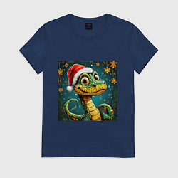 Футболка хлопковая женская Новогодняя змейка в красной шапке, цвет: тёмно-синий