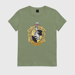 Футболка хлопковая женская Hufflepuff факультет университета Хогвартс с барсу, цвет: авокадо