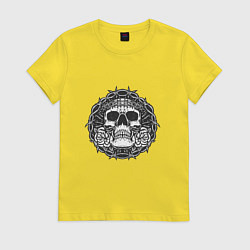Футболка хлопковая женская Череп в колючей проволоке, цвет: желтый