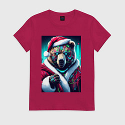 Футболка хлопковая женская Cyber bear - Santa Claus, цвет: маджента