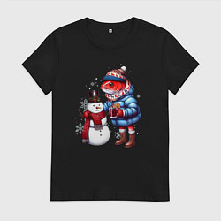 Футболка хлопковая женская Рыба и снеговик, цвет: черный