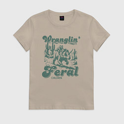 Женская футболка Управляю дикими детьми - енот на динозавре