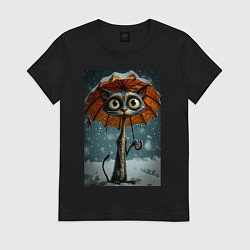Футболка хлопковая женская Уличный кот под мокром снегом, цвет: черный