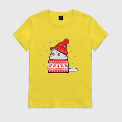 Женская футболка Кот в свитере с оленями и красной шапке