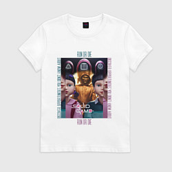 Женская футболка Игра в кальмара на фоне кукол роботов