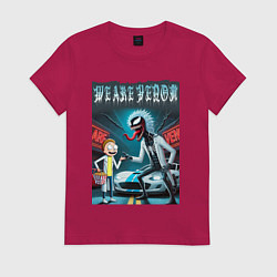 Футболка хлопковая женская Веном-Рик и Морти рядом со спортивной тачкой, цвет: маджента