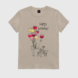 Футболка хлопковая женская Happy Birthday air glasses, цвет: миндальный