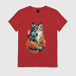 Футболка хлопковая женская Волк и осенний лес, цвет: красный