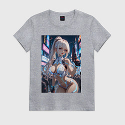Футболка хлопковая женская Девушка с пистолетом с киберимплантами, цвет: меланж