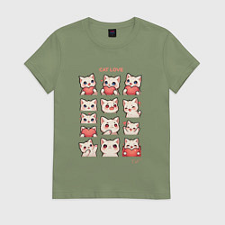 Футболка хлопковая женская Котики влюблённые и сердечки, цвет: авокадо