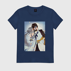 Футболка хлопковая женская Джун Ли и Гуй Джун, цвет: тёмно-синий