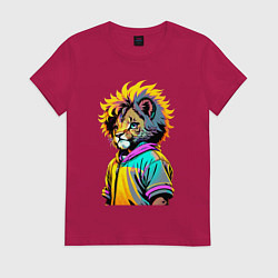 Футболка хлопковая женская Прикольный львёнок - поп-арт, цвет: маджента
