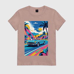 Футболка хлопковая женская Кабриолет едет по тропическому острову, цвет: пыльно-розовый