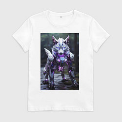 Футболка хлопковая женская Киборг лиса с неоновой подсветкой, цвет: белый