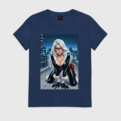 Футболка хлопковая женская Черная кошка на крыше небоскреба, цвет: тёмно-синий