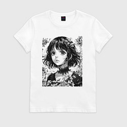 Футболка хлопковая женская Аниме девушка портрет черно-белый, цвет: белый