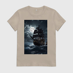 Футболка хлопковая женская Пиратский корабль в шторм, цвет: миндальный