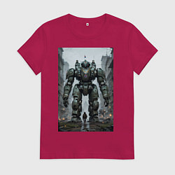 Футболка хлопковая женская Конвой роботов в городе, цвет: маджента