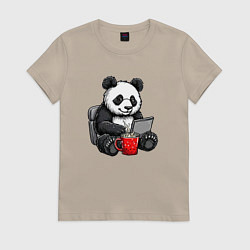 Футболка хлопковая женская Панда с кофе за ноутбуком, цвет: миндальный