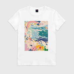 Женская футболка Абстрактная картина с морем и цветами