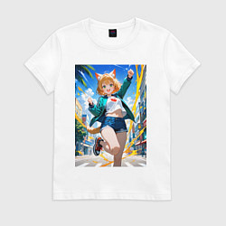 Футболка хлопковая женская Позитивная лисичка поднимающая настроение, цвет: белый