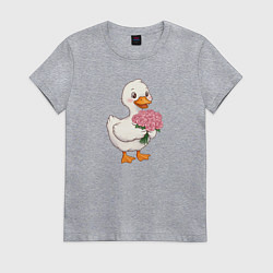 Футболка хлопковая женская Милая уточка с букетом роз, цвет: меланж