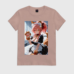 Футболка хлопковая женская Фейт Тамамо в костюме горничной с мягкими лапами, цвет: пыльно-розовый