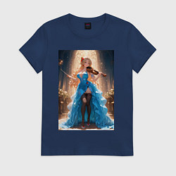 Футболка хлопковая женская Девушка в вечернем платье играет на скрипке, цвет: тёмно-синий