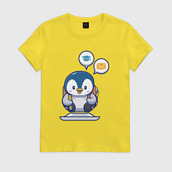 Футболка хлопковая женская Пингвин пишет письмо, цвет: желтый