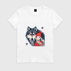 Женская футболка Красивый серый волк и шапочка Красная